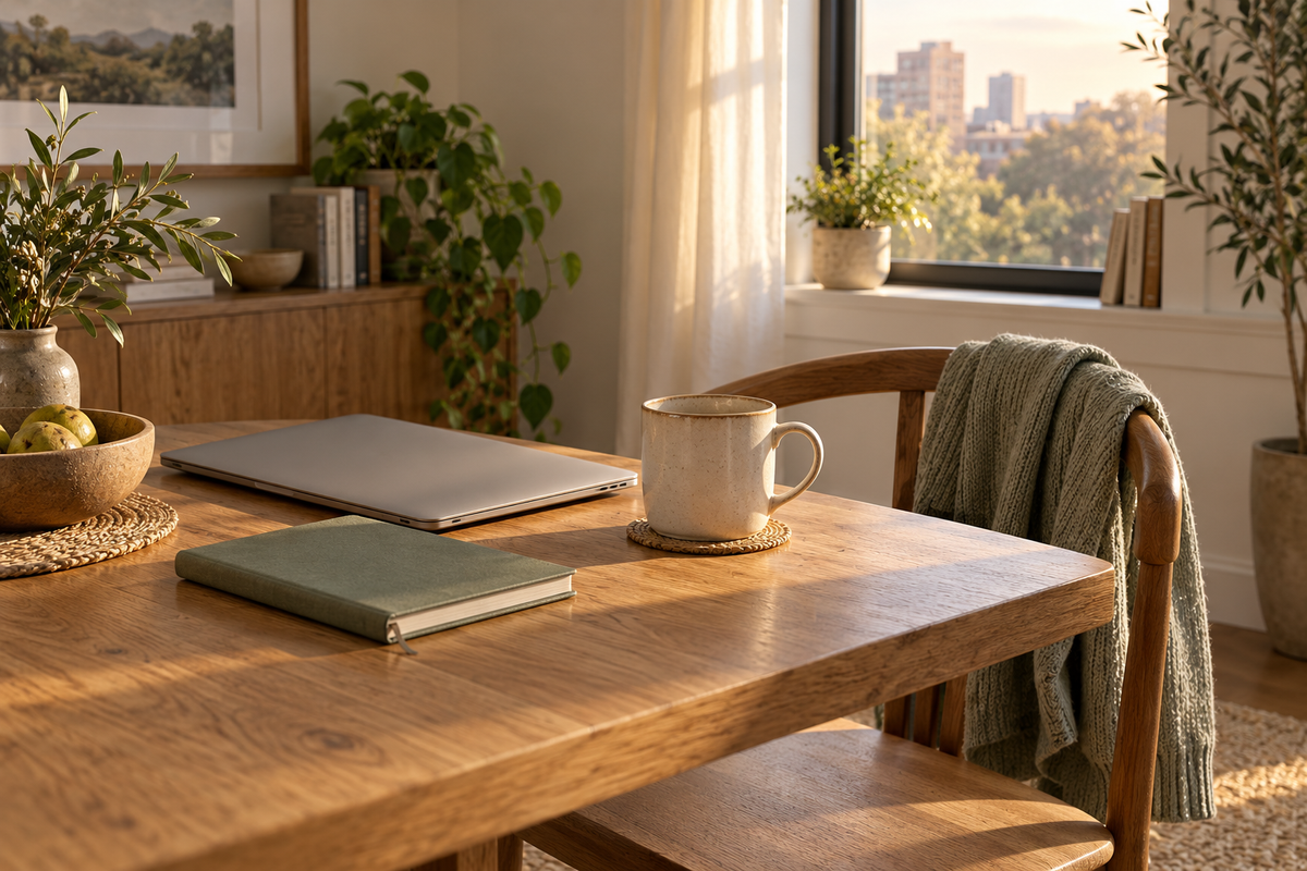 Closed laptop, notebook, and ceramic mug on a sunlit table beside a cardigan-draped chair.