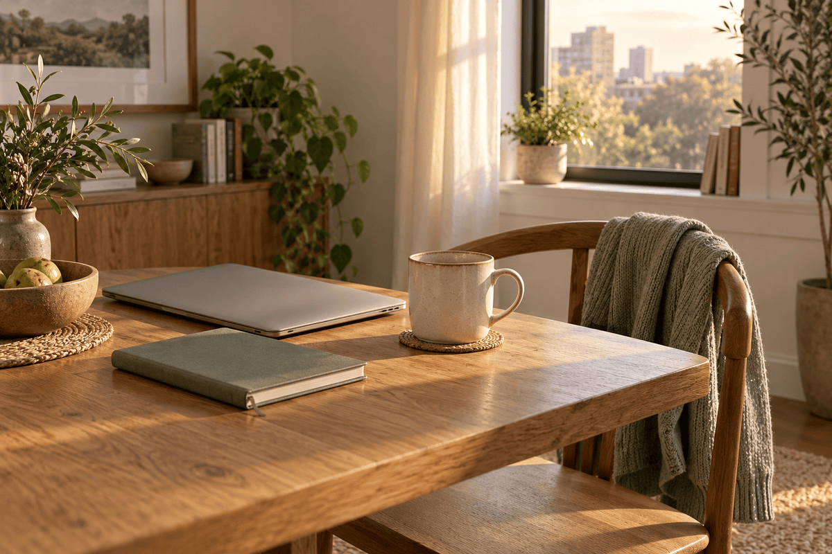 [APPROVED] Closed laptop, notebook, and mug marking the transition from work to home