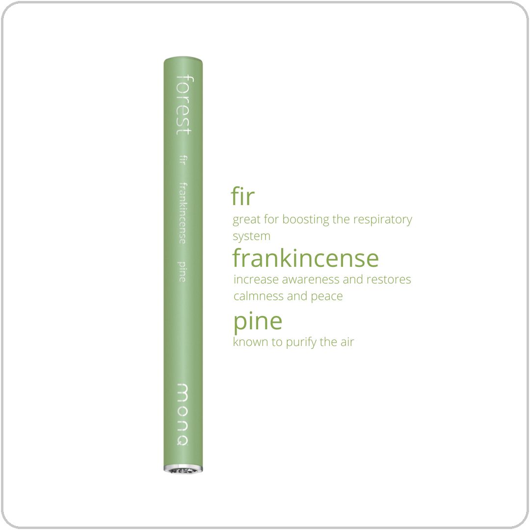 Forest MONQ diffuser with fir, frankincense, and pinyon pine ingredients